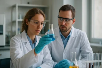 Két tudós ólomsavas sóval kapcsolatos kísérletet végez a laboratóriumban.