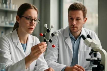 Két tudós ólomszulfát molekulát vizsgál egy laboratóriumban.