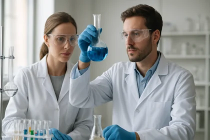 Két tudós laboratóriumban ólom(II)-szulfidot vizsgál.