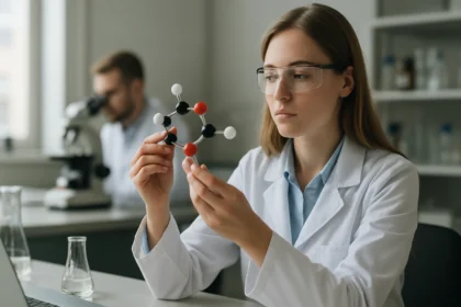 Kémikus ólom-tetraacetát molekulát vizsgálva laboratóriumban.