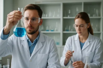 Kémikusok ólomtartalmú vegyületek laboratóriumi vizsgálata során.