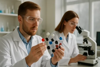 Kémikusok ólomi vegyületeket vizsgálnak laboratóriumban