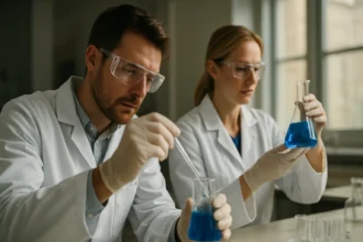 Laboratóriumi kísérlet ólomvegyületekkel, kémikusok dolgoznak.