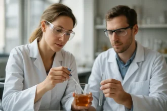 Két tudós laboratóriumban oltott mész vizsgálatát végzi