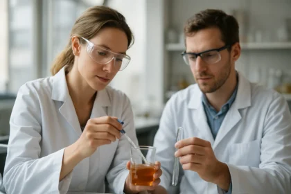 Két tudós laboratóriumban oltott mész vizsgálatát végzi