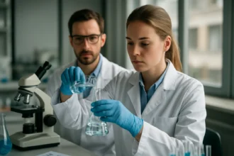 Laboratóriumi kémiai kísérlet folyamatban, fiatal tudósokkal.