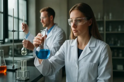 Kémiai kísérlet laboratóriumban, nő és férfi tudósokkal