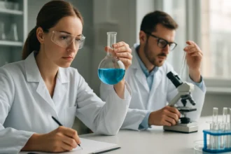 Két vegyész laboratóriumi környezetben, ónamalgám vizsgálat közben.