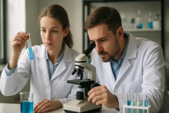 Két tudós laboratóriumban, kémcsövekkel és mikroszkóppal