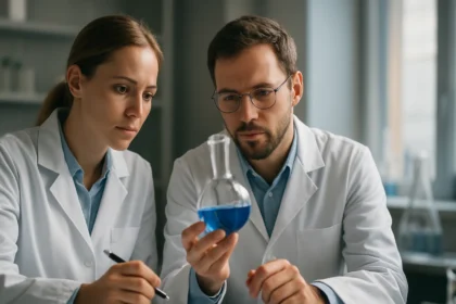 Laboratóriumi kísérlet során ón-oxidot vizsgáló tudósok.