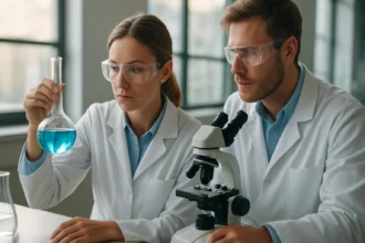 Kémiai kísérlet során ón(II)-szulfidot vizsgáló tudósok.