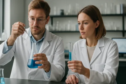 Két tudós laboratóriumban kémiai kísérletet végez.