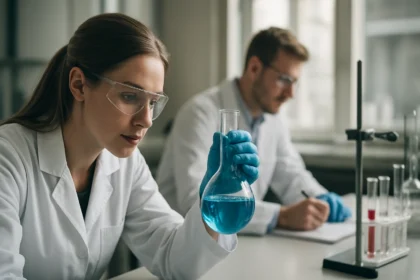 Kémiai laboratóriumi munka: női tudós kék folyadékkal