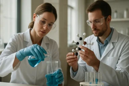 Két kutató laboratóriumban vizsgálja az o-oxobenzoesavat.