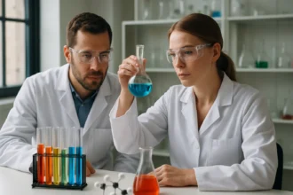 Két tudós laboratóriumban, miközben optikai aktivitást vizsgálnak.