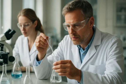 Kutatók dolgoznak optikailag aktív vegyületek vizsgálatán.