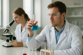 Kémikus kék folyadékot vizsgál egy laboratóriumban.