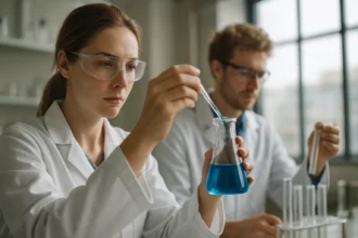 Két tudós kémiai kísérletet végez optikai izomériával kapcsolatban.