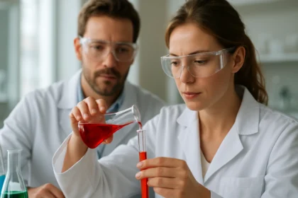 Két laboratóriumi kutató, akik festékekkel dolgoznak