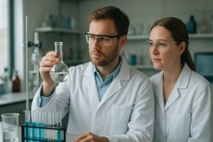 Két kutató laboratóriumban, izoprén polimerizációs kísérletet végeznek.