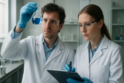 Két tudós organoboránok kémiai reakcióit elemzi laboratóriumban.