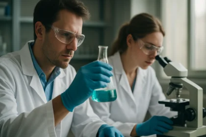 Két tudós laboratóriumban organofoszfátokat vizsgál, laborfelszereléssel.