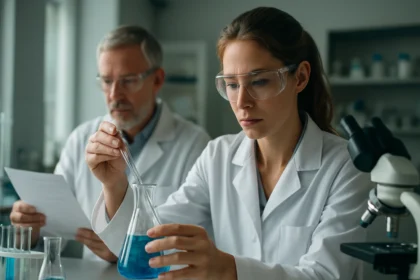 Két kutató laboratóriumban óriásmolekulákat vizsgál, kémiai kísérlet közben.