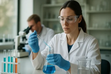 Kémiai kísérlet ortobórsav alkalmazásával laboratóriumban.