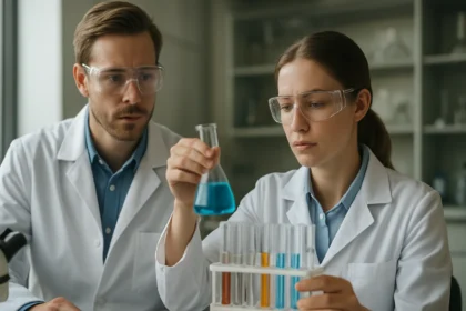 Két kutató az ortokovasav jellemzőit vizsgálja laboratóriumban.