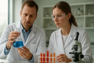 Két kutató laboratóriumban orto-vanádiumsavval végzett kísérletet mutat be.