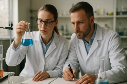 Két vegyész laboratóriumban, kék oldattal ellátott kémcsövet vizsgálva.