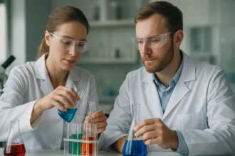 Kémikusok laboratóriumban kísérleteznek salétromsav előállítással.