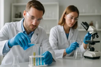 Két kutató laboratóriumban, kémiai oldatokkal dolgoznak.