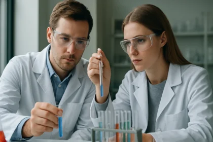 Két kémikus laboratóriumi kísérletet végez, figyelmesen elemzik a folyadékokat.