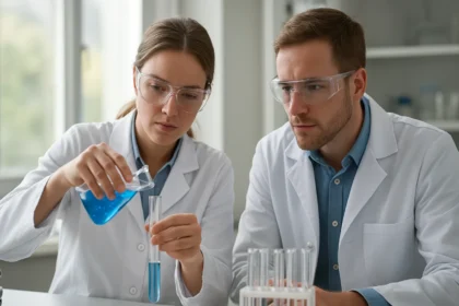 Két kémikus oszcilláló reakciót vizsgál a laborban.