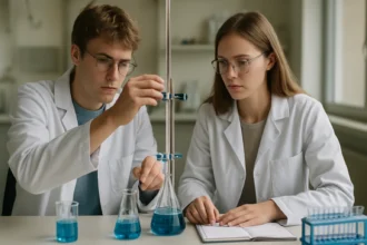 Két fiatal kémikus oxaciklopentán szintézisével foglalkozik laboratóriumban.