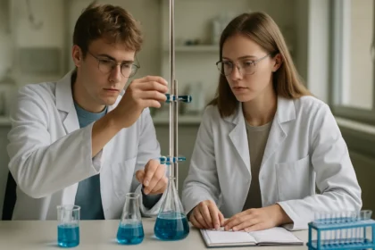 Két fiatal kémikus oxaciklopentán szintézisével foglalkozik laboratóriumban.