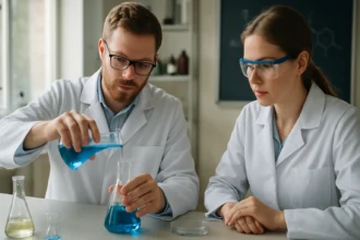 Két kémikus kék folyadékokat önt az 1,3-oxazol kutatása során.