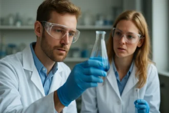 Két kutató metil-cellulóz kísérletet végez laboratóriumban.