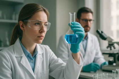 Kémikus nő laboratóriumban kék folyadékkal teli üveget tart a kezében.