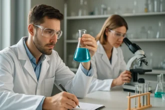 Két kutató laboratóriumban, az egyik kémcsövet tart, a másik mikroszkóppal dolgozik.