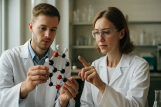 Két kutató a laborban molekulamodellezést végez az oxidációs állapotról.