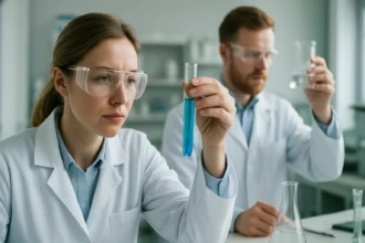 Két kutató a laborban oxidált keményítő vizsgálatát végzi