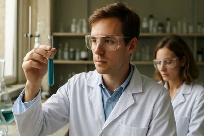 Kémikusok laboratóriumban kék folyadékkal töltött kémcsövet vizsgálnak.