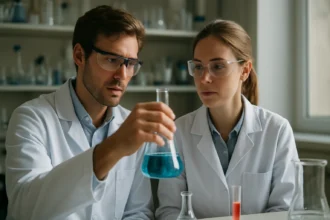 Két tudós a laboratóriumban mérőlombikot vizsgálva