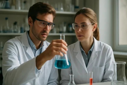 Két tudós a laboratóriumban mérőlombikot vizsgálva