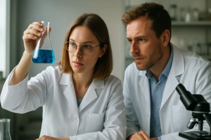 Két tudós acetonitril oldatot vizsgál laboratóriumban.