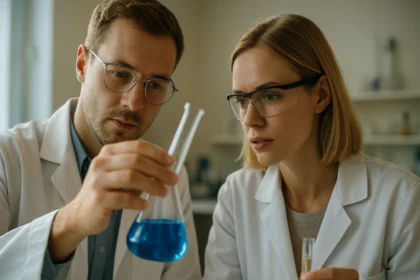 Két tudós kémiai kísérletet végez laboratóriumban, fiola kék oldattal.