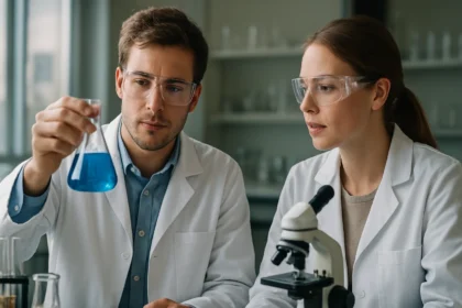 Két vegyész laboratóriumban vizsgál egy kék folyadékot