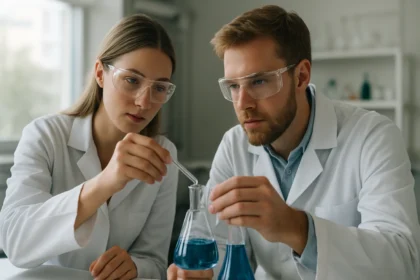 Két tudós laboratóriumban, kék folyadékkal végzik a kémiai kísérletet.